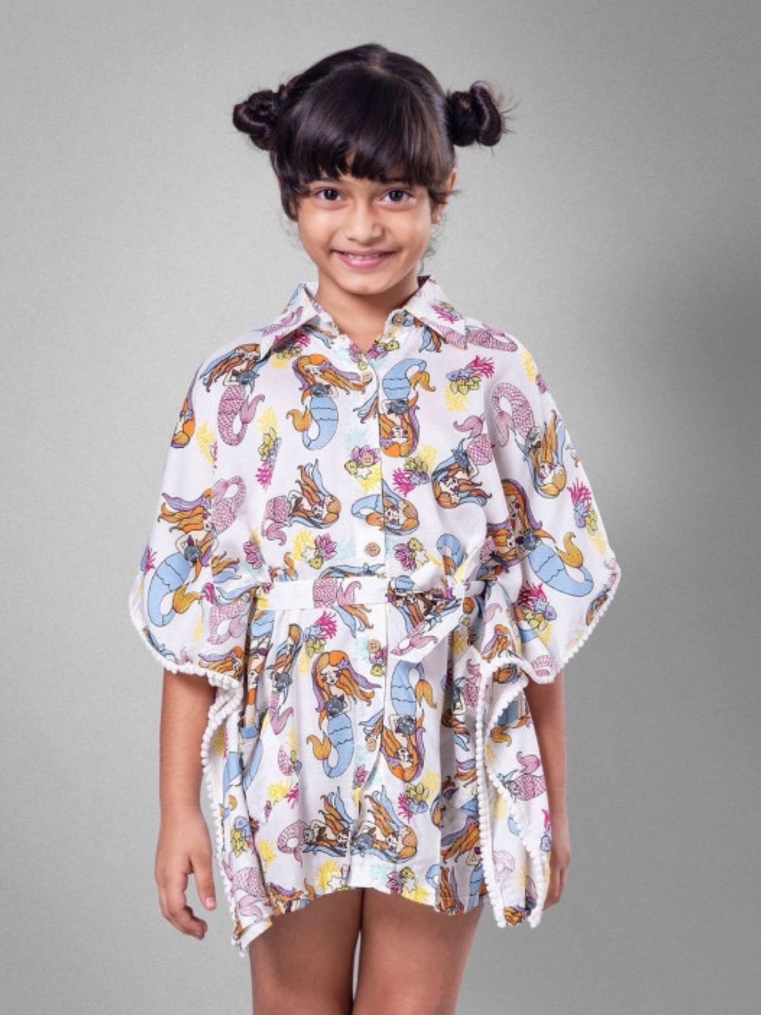 Under - the - Sea Mermaid Print Pom - Pom Kaftan - Girls Button - Up Summer Dress Legacy Boutiques Legacy Boutiques