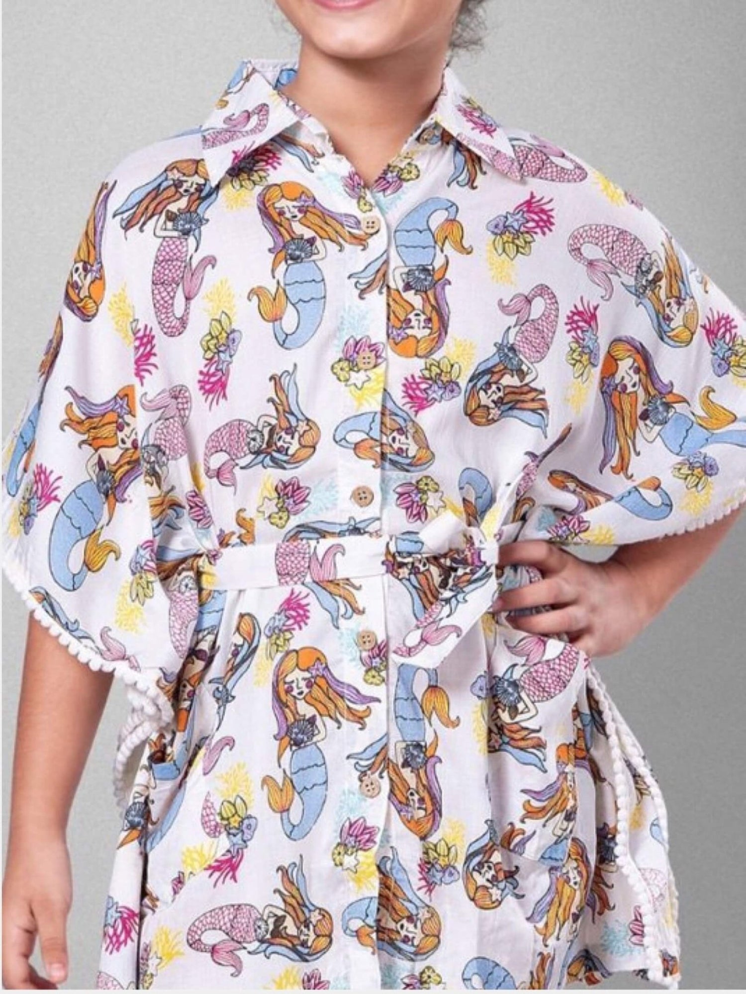 Under - the - Sea Mermaid Print Pom - Pom Kaftan - Girls Button - Up Summer Dress Legacy Boutiques Legacy Boutiques
