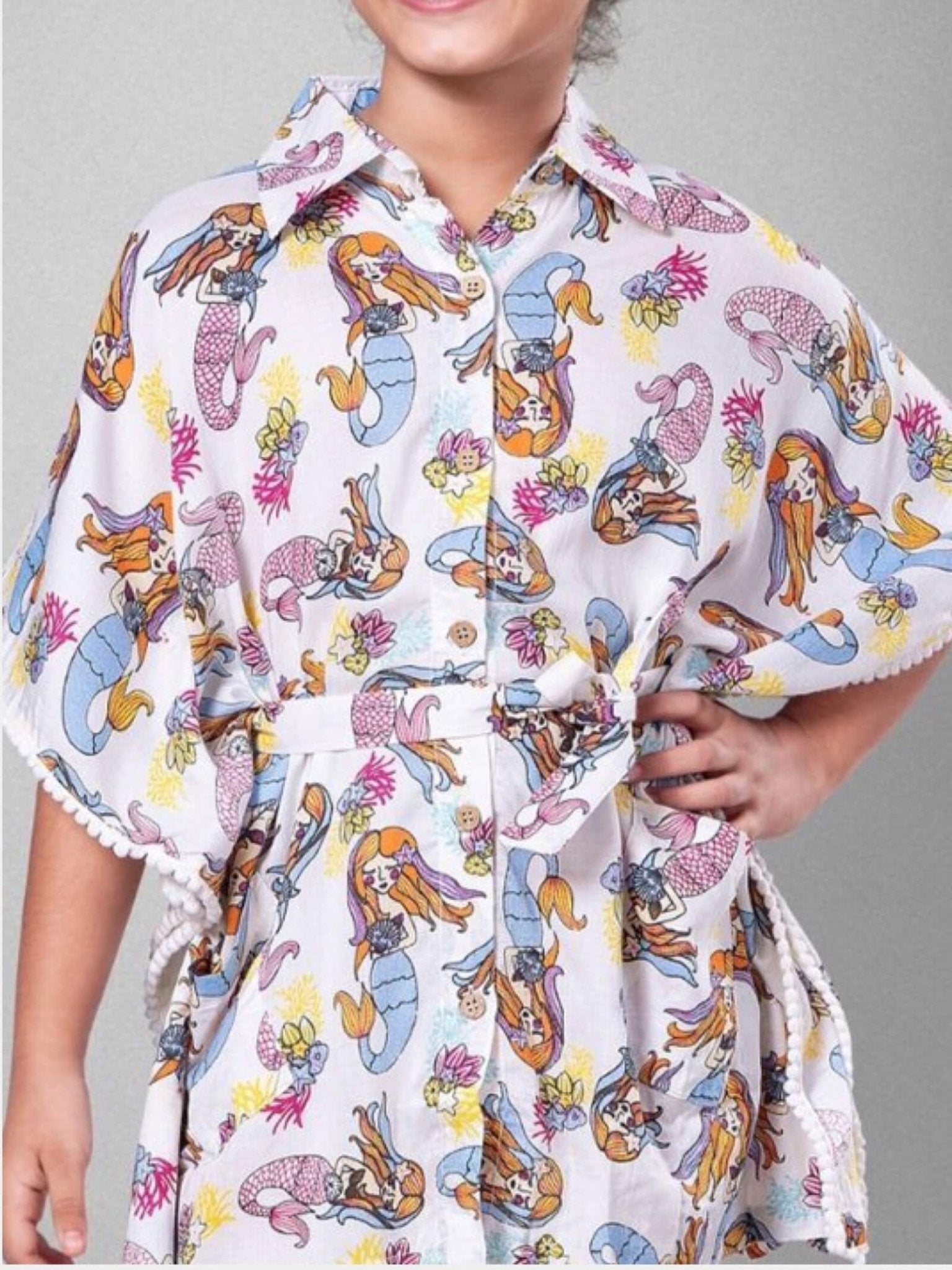 Under - the - Sea Mermaid Print Pom - Pom Kaftan - Girls Button - Up Summer Dress Legacy Boutiques Legacy Boutiques