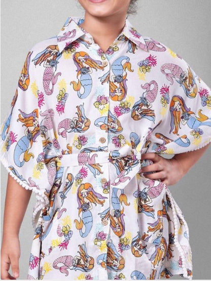 Under - the - Sea Mermaid Print Pom - Pom Kaftan - Girls Button - Up Summer Dress Legacy Boutiques Legacy Boutiques