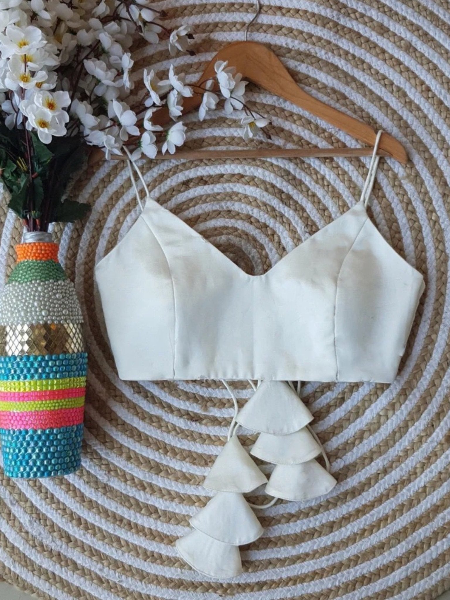 White Color Premium Silk Sleeveless Padded Blouse with Tassel Dori For Women, Wedding wear Custom Made Blouse Fancy Saree Padded Blouses Choli Legacy Boutiques Legacy Boutiques