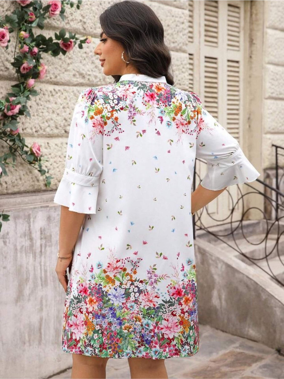 White Floral Border Print Ruffle Sleeve V - Neck Shift Dress Legacy Boutiques Legacy Boutiques