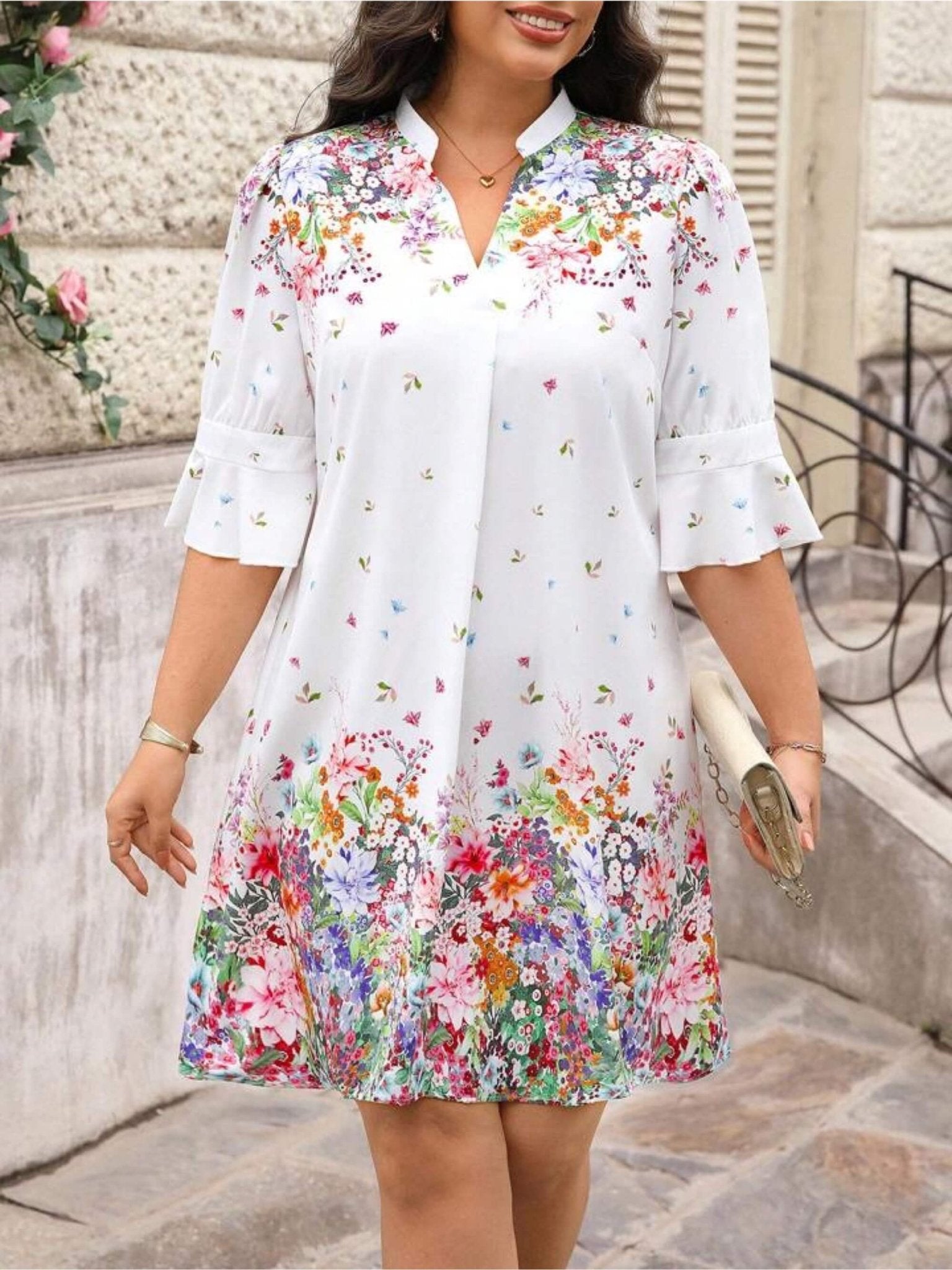 White Floral Border Print Ruffle Sleeve V - Neck Shift Dress Legacy Boutiques Legacy Boutiques