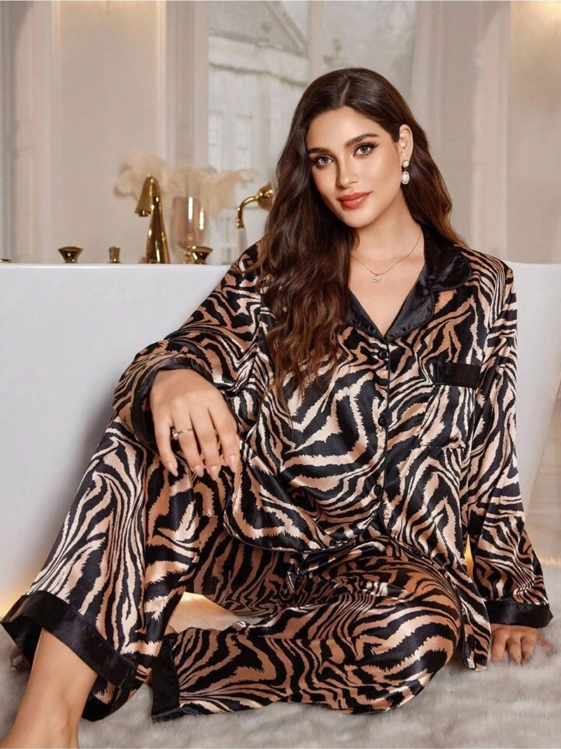 Wild Intuition Zebra Print 2 - Piece Satin Nighty Set with Black Trim Legacy Boutiques Legacy Boutiques