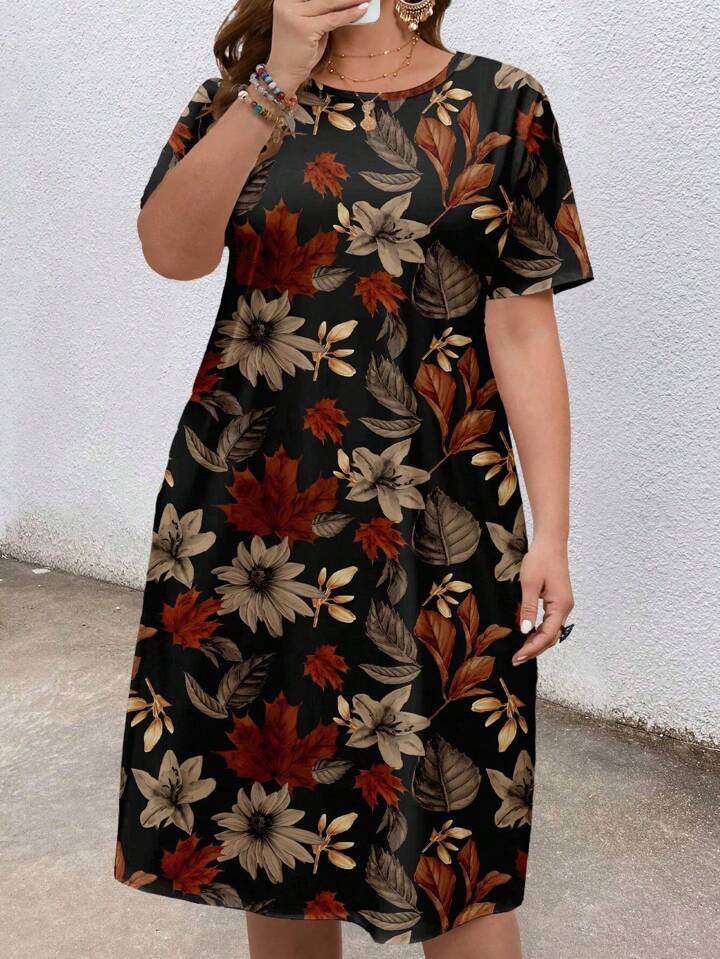 Women’s Floral A - Line Midi Dress Short Sleeve T-Shirt Dres Autumnal Palette Legacy Boutiques Legacy Boutiques